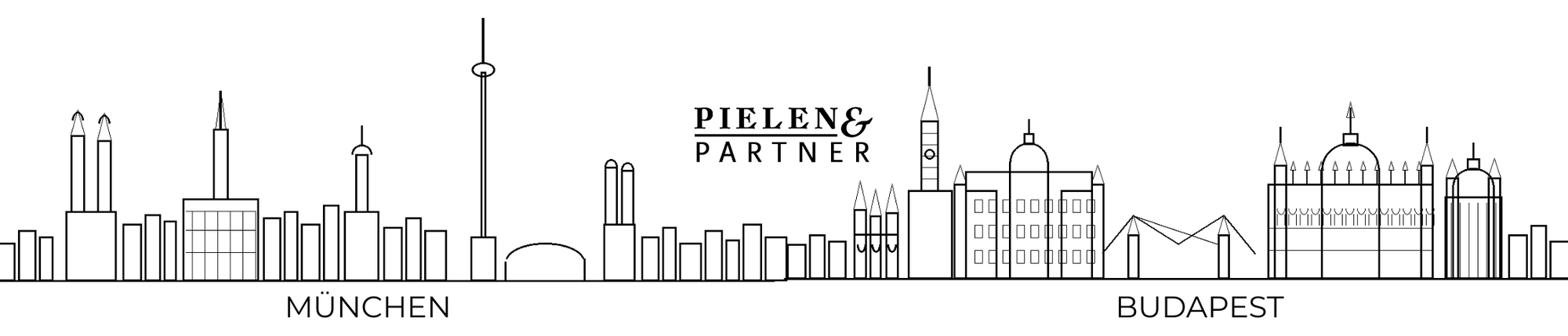 Line drawing of the skylines of Munich and Budapest, the two locations of Pielen & Partner